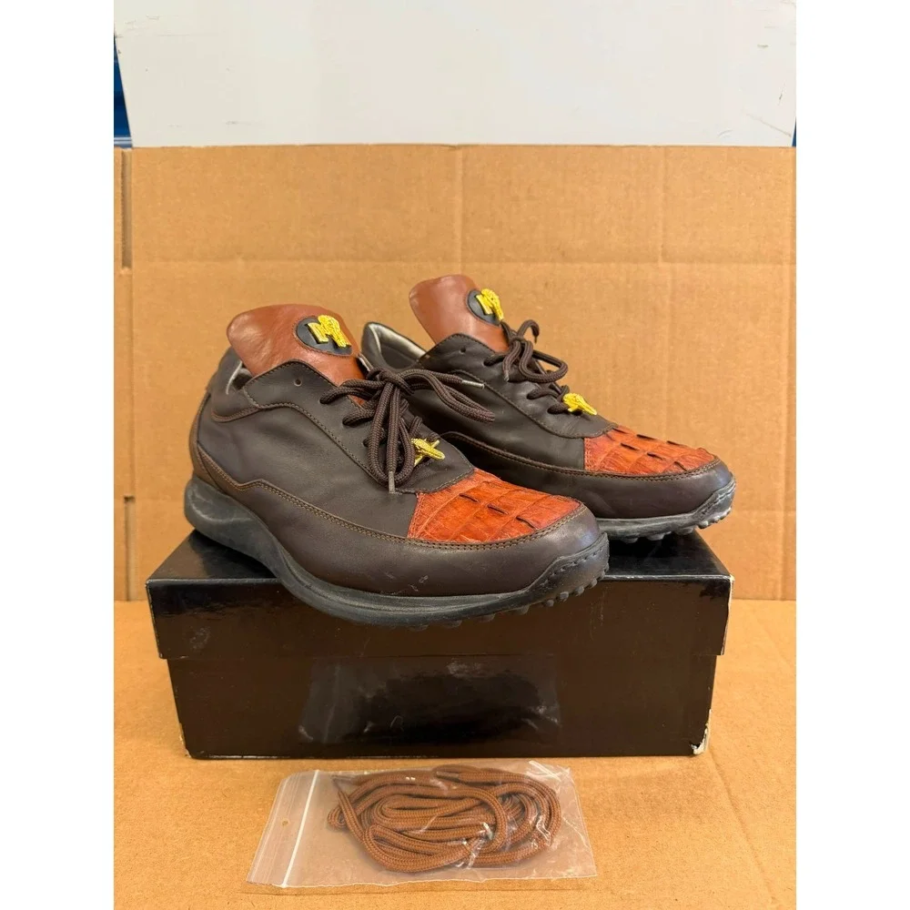 Mauri 8900 Nappa Leather Lace Up Alligator Sneakers Brown Gold Mens Size 11 US
